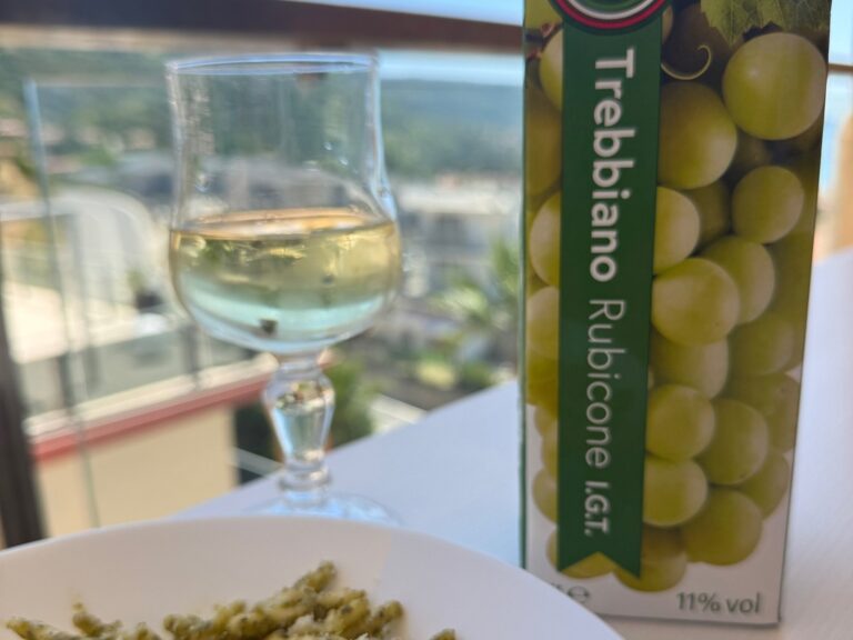 Karton białego wina z napisem Trebbiano Rubicone IGT, kieliszek wina i talerz makaronu z pesto na tarasie